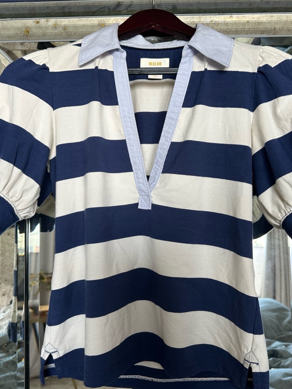 Maeve Navy & White Wide-Stripe Polo Top with Light Blue Collar